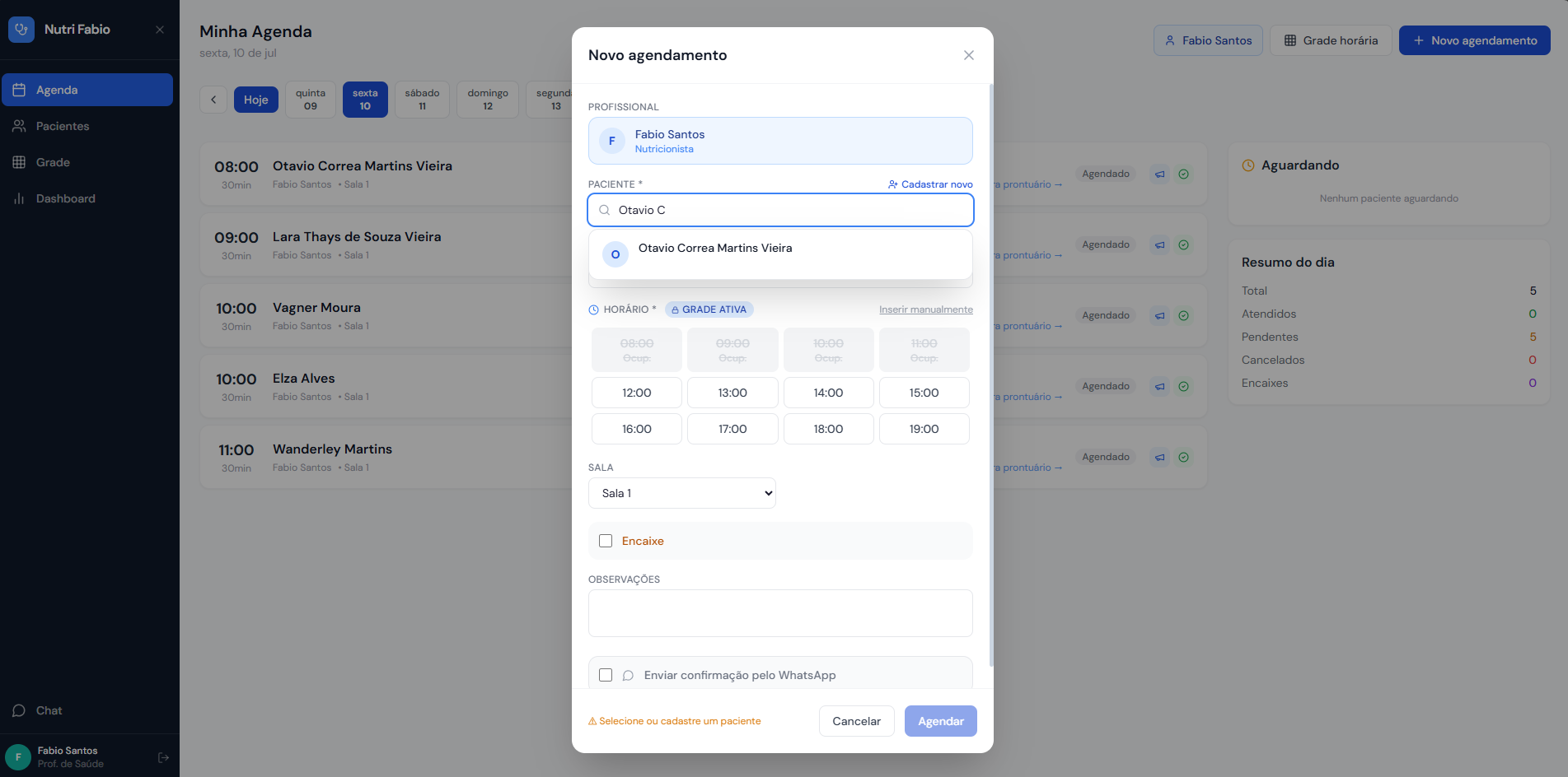 Tela de novo agendamento do VitalFlow, com grade de horários e resumo do dia